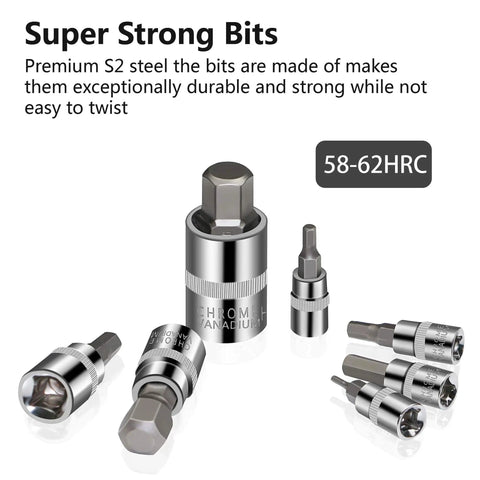 Close-up of S2 steel CR V Torx bits from 37 Piece Metric and SAE Socket Set for Automotive, Bike, Motorcycle and ATV Repairs