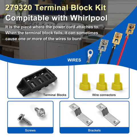 Dryer Terminal Block Kit With Brackets, Screws, Wires And Connectors Replacement AP30 Part To Fix Power Failures And Burning Smell In Your Dryer Plug And Play Easy Install And Long Lasting Electrical Upgrade, 279320 kit with wires and parts