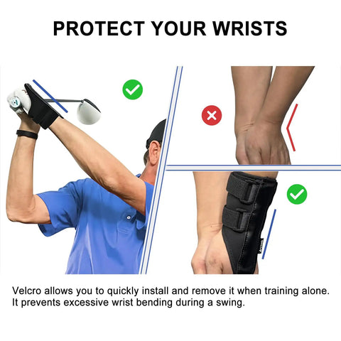 Golf Swing Training Kit With Wrist Stabilizer And Arm Band 2-In-1 Swing Corrector shown on golfer's wrist during swing practice