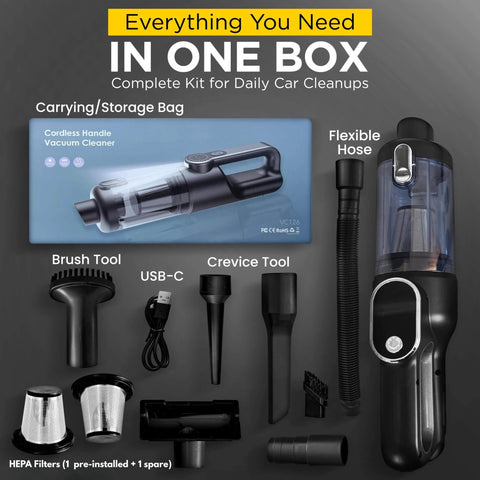 Portable Cordless Car Vacuum Tiny But Mighty 4 In 1 Mini Handheld With 19500 Pa Suction accessories including flexible hose and nozzles