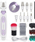 Cordless Electric Foot File For Crusty Thick Toenails And Hard Calluses Packs Eight Swappable Carving Heads Plus Rugged Sanding Collars accessory set including file, heads, brush, and USB cable.