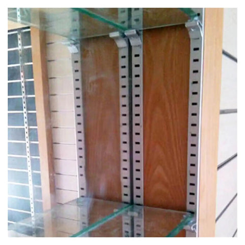 Heavy Duty Stainless Steel Shelf Bracket Clips Set 60 Piece Nickel Plated Iron Pegs mounted on glass shelves in wood cabinet