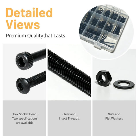 1600 Piece M3 Hex Socket Head Cap Screws Kit With Black Oxide Carbon Steel Fasteners Nuts And Washers shown in storage case