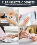 Four images showing the use of Grab-and-Go Multi-Purpose Nonwoven Cleaning Wipes 5.7 By 5.9 Inches on electronic devices.