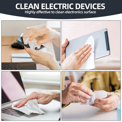 Four images showing the use of Grab-and-Go Multi-Purpose Nonwoven Cleaning Wipes 5.7 By 5.9 Inches on electronic devices.