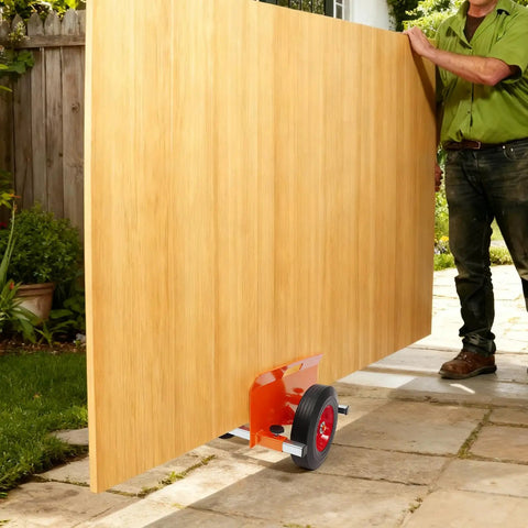 Beefy Heavy Duty Panel Dolly For All Terrain Use With 2 Wheel Slab Design And 10 Inch Solid Wheels, Supports Up To 1100 Lbs, Built Tough For Easy Mobility And Scratch Resistant Iron Construction moving a large wood panel outdoors