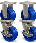 Built To Last 5X2 In Stainless Steel Casters With Polyurethane Wheels feature four blue wheels and swivel locks for heavy loads.