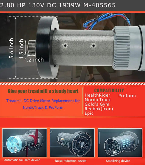 Built Tough Heavy Duty Treadmill DC Drive Motor With Flywheel, 2.80 HP Engine, side view showcasing sizing and design details.