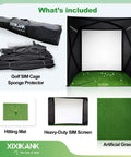 Home Golf Simulator Enclosure Complete Set With Heavy Duty Frame And HD Impact Screen And Pro Grade Putting Green Turf 8x8 Ft Tool Free Quick Setup In Under 5 Minutes Hitting Cage For Indoor Practice with included accessories.