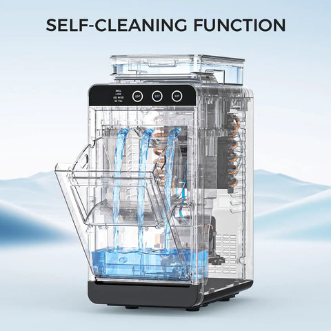 Transparent view of Countertop Portable Ice Maker With External Water Tank, featuring self-cleaning function