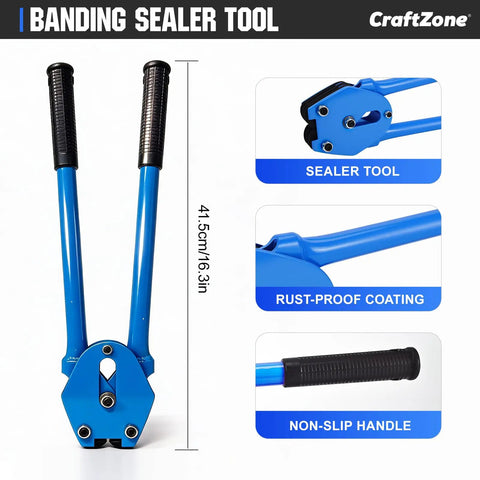Ready Roll Heavy Duty Poly Strapping Kit With Tensioner And Sealer 5/8 Inch 1000 Foot Coil Banding sealer tool with rubberized handles.