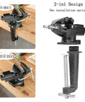 Versatile Clamp On Bench And Table Vise With 360 Degree Rotation Quick Adjustment Dual Purpose Jaw Heavy Duty Clamp For 4 Inch Base Clamping Range Home Shop And Workbench 3.3 Inch Jaw Size Black showing dual installation options on a wooden workbench