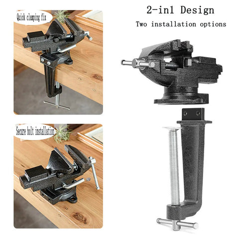 Versatile Clamp On Bench And Table Vise With 360 Degree Rotation Quick Adjustment Dual Purpose Jaw Heavy Duty Clamp For 4 Inch Base Clamping Range Home Shop And Workbench 3.3 Inch Jaw Size Black showing dual installation options on a wooden workbench