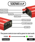 Diagram of 500W Car Power Inverter With 12V To 110V Conversion, Dual Fast Charging 24W USB, And 2 AC Outlets