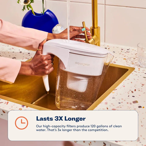 Person filling Water Filter Pitcher That Kicks Contaminants To The Curb, Removing Lead, Chlorine, Microplastics, PFOA PFOS, 20x More Contaminant Removal, Minerals Kept In, 10 Cup Capacity, 120 Gallon Filter Life, Filter Media Made In USA in kitchen sink