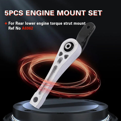 Rock Solid Five Piece Engine And Transmission Mount Replacement Kit Hella Durable Heavy Duty Rubber Steel Construction Straight Up Made For Volkswagen Jetta Golf Beetle Passat, rear lower engine torque strut mount detail.