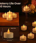 Flameless LED Tea Light Candles 24 Pack With Realistic Flicker Warm Yellow Glow Battery Operated Tealights arranged on book and glass, ideal size shown, 60-hour battery life.