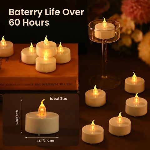 Flameless LED Tea Light Candles 24 Pack With Realistic Flicker Warm Yellow Glow Battery Operated Tealights arranged on book and glass, ideal size shown, 60-hour battery life.