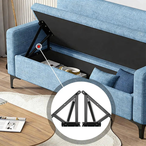 Heavy Duty Bench Seat Hinges With Spring Lift Up Mechanism For Storage Sofa Bed Ottoman Toy Box Chest And Furniture Storage Hardware In Black Steel Tough As Nails Build installed on sofa bed showing open storage.