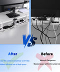 Comparison of desk setup with and without Massive 25 Point 3 Inch Under Desk Cable Management Box Clamp Mounted Cord Organizer Tray For Office And Home White Keeps Power Strips Surge Protectors Chargers And Messy Cables Hidden Tidy And Secure Under Desk Storage