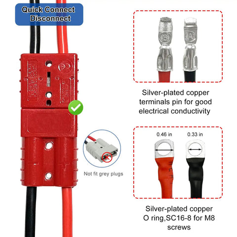 2 Pc 50A Battery Quick Connector Cables 1.64ft 8Awg Heavy Duty Electric Forklift Charging Plugs showing silver-plated terminals.