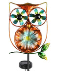Solar Powered Owl Wind Spinner Stake Light for Outdoors With Warm White LEDs, copper metal owl with colorful eye spin feature.