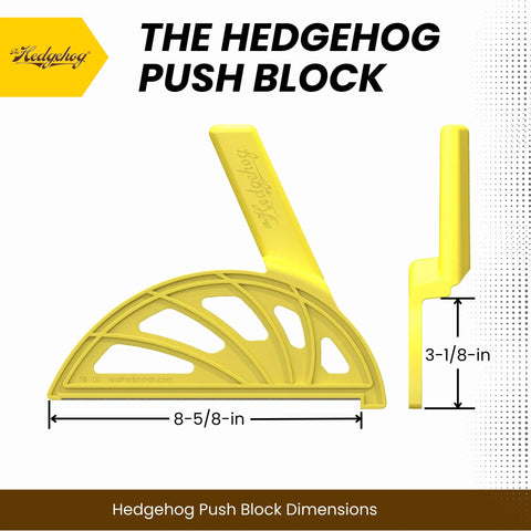 Yellow offset handle push block dimensions for table saws and router tables, 8-5/8 inch width and 3-1/8 inch height.