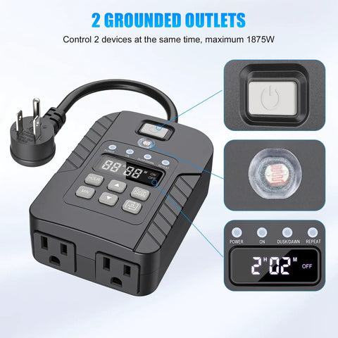 Heavy Duty Outdoor Light Timer Waterproof With Remote 15Amp Dual Grounded Outlet 24 Hour Digital Auto On Off Switch with display.