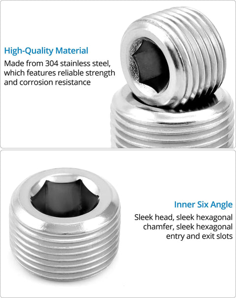 304 Stainless Steel Pipe Fitting Kit With Hex Countersunk Plugs NPT Male Threads 16 Piece Pro Grade Rugged Assortment showing hex design