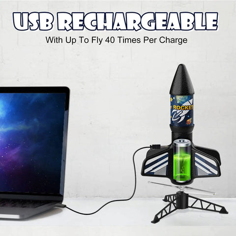 Self Launching Motorized Air Rocket Launcher For Kids With USB charging from a laptop, focusing on durability.