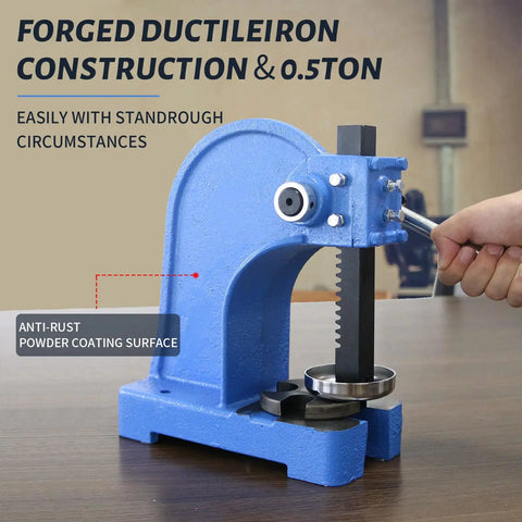 Heavy Duty 0.5 Ton Cast Iron Desktop Arbor Press for Riveting and Hole Punching with powder coating, hand operating lever