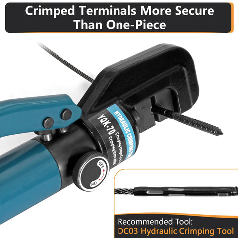 Hydraulic crimping tool demonstrating recommended tool for Rugged And Ready Heavy Duty 100 Pack Left And Right Handed T316 Stainless Steel Swage Lag Screws For Wood Posts One Eighth Inch Black Cable Railing Kit With Wrench Included For Deck, Stair Railing And DIY Baluster Projects