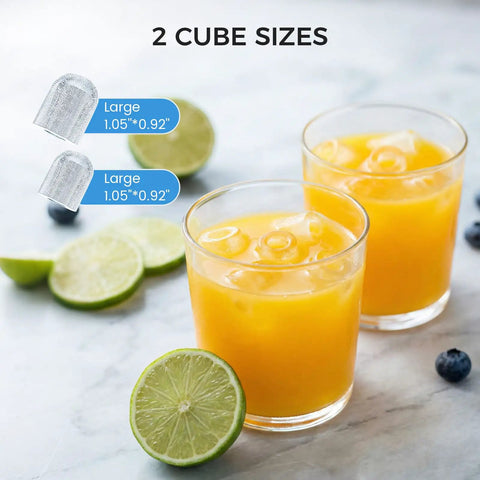 Countertop Portable Ice Maker With External Water Tank, filled glasses with large ice cubes, orange juice, lime slices on table