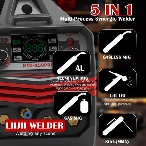 Multiprocess Beast 150A MIG Welder With Pulse Dual Voltage 110 And 220V Aluminum MIG Gas MIG Flux Core MIG Lift TIG And Stick Welding In One IGBT Inverter Welder displaying 5-in-1 features with control panel view