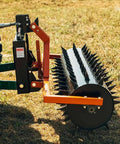 Close-up of Six Foot Drum Spike Aerator for 3 Point Hitch on Cat 1 and Cat 2 Tractors, showing spikes and attachment mechanism