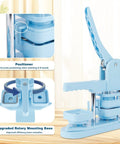 No Sweat DIY Fridge Magnet Button Press Machine With Complete One Hundred Piece Starter Pack For 50 Millimeter Square Photo Crafts and Totally Fresh Kitchen Decor showing blue positioner and rotary base.