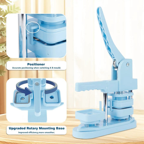 No Sweat DIY Fridge Magnet Button Press Machine With Complete One Hundred Piece Starter Pack For 50 Millimeter Square Photo Crafts and Totally Fresh Kitchen Decor showing blue positioner and rotary base.