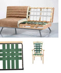 Hella Tough One Point Eight Inch Latex Upholstery Webbing Repairs Sagging Couch And Chair Seats Stops Bottoming Out With Solid Rubber Stretch Reliable For Hammocks And Fast DIY Household Fixes, showing couch with exposed frame and green webbing.