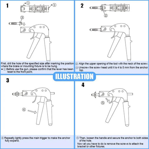 Illustration showing step-by-step use of Heavy Duty Wall Anchor Gun Kit With Molly Bolts And Hollow Drive Anchors 18 Piece Assortment.