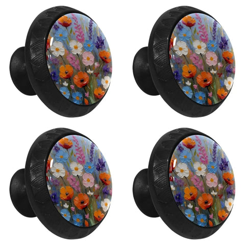 Four Pack Hella Durable Watercolor Floral Cabinet Knobs And Super Smooth Crystal Glass Drawer Pulls With Rock Solid Abs Build Plus Stainless Steel Hardware For Kitchen Cupboards Dressers And Wardrobes close-up view of colorful floral design