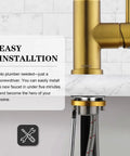 Top Shelf Brushed Gold Kitchen Faucet With Drip Free Pull Down Sprayer And Included Deck Plate, showing easy installation features.