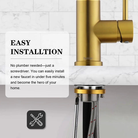 Top Shelf Brushed Gold Kitchen Faucet With Drip Free Pull Down Sprayer And Included Deck Plate, showing easy installation features.