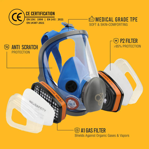 Full Face Respirator Mask With Organic Vapor Filters And P2 Dust Filters, RF-610 Reusable Respirator for industrial safety.