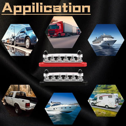 Heavy Duty 250A Marine Bus Bar 12 To 48 Volt Power Distribution Block displayed with vehicle and marine applications.