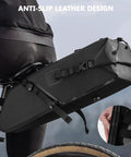 Big Capacity Waterproof Bike Seat Bag 10 To 14L with roll top on bicycle, showing anti-slip buckles and secure mounting.