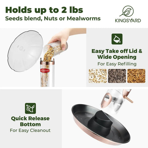 Outdoor Metal Bird Feeder That Hangs Easy On Deck With Oversized 11.5 Inch Protective Dome And 8 Inch Removable Tray Holds 3 Lbs Seed, Weatherproof Antique Copper Finish, Drainage Holes Keep Seed Dry, Waste Reducing Seed Tray, Great For Songbirds shown being filled with seeds