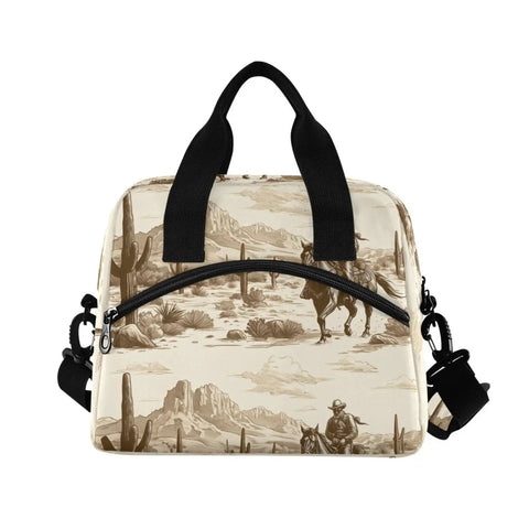 Desert Cowboy Insulated 10L Cooler Bag with desert scene, reinforced straps, and Oxford fabric, ideal for picnics and hikes.