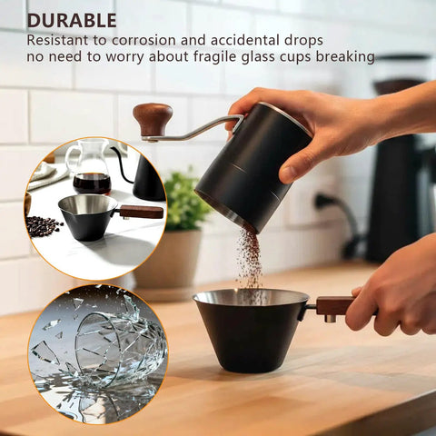 Stainless Steel Espresso Shot Cup with Built-In Scale for precise measuring under coffee grinder