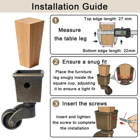 Installation guide for Set Of Four Antique Polished Square Tapered Cup Casters With Ultra Slick Rolling One Inch Wheels.