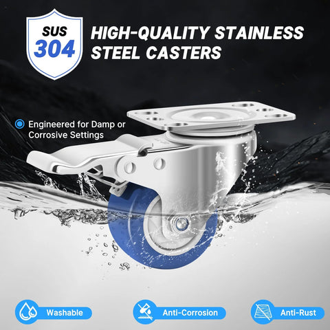 2 Inch Stainless Steel Castors With Brakes, Set Of 4, 304 Stainless Steel Heavy Duty Caster Wheels, Anti Corrosion And Easy Washable